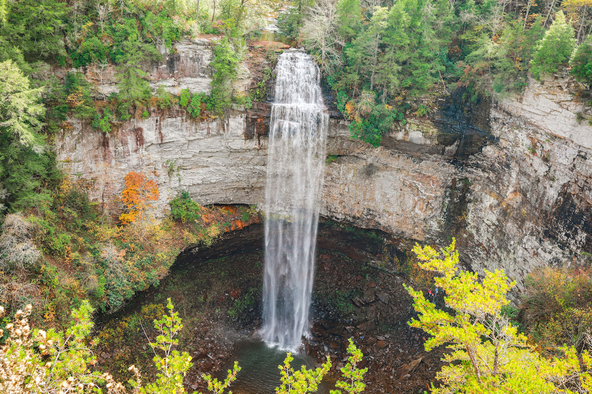 Fall Creek Falls cascading into the gorge at Fall Creek Falls State Park, one of the most popular hiking destinations in Tennessee.